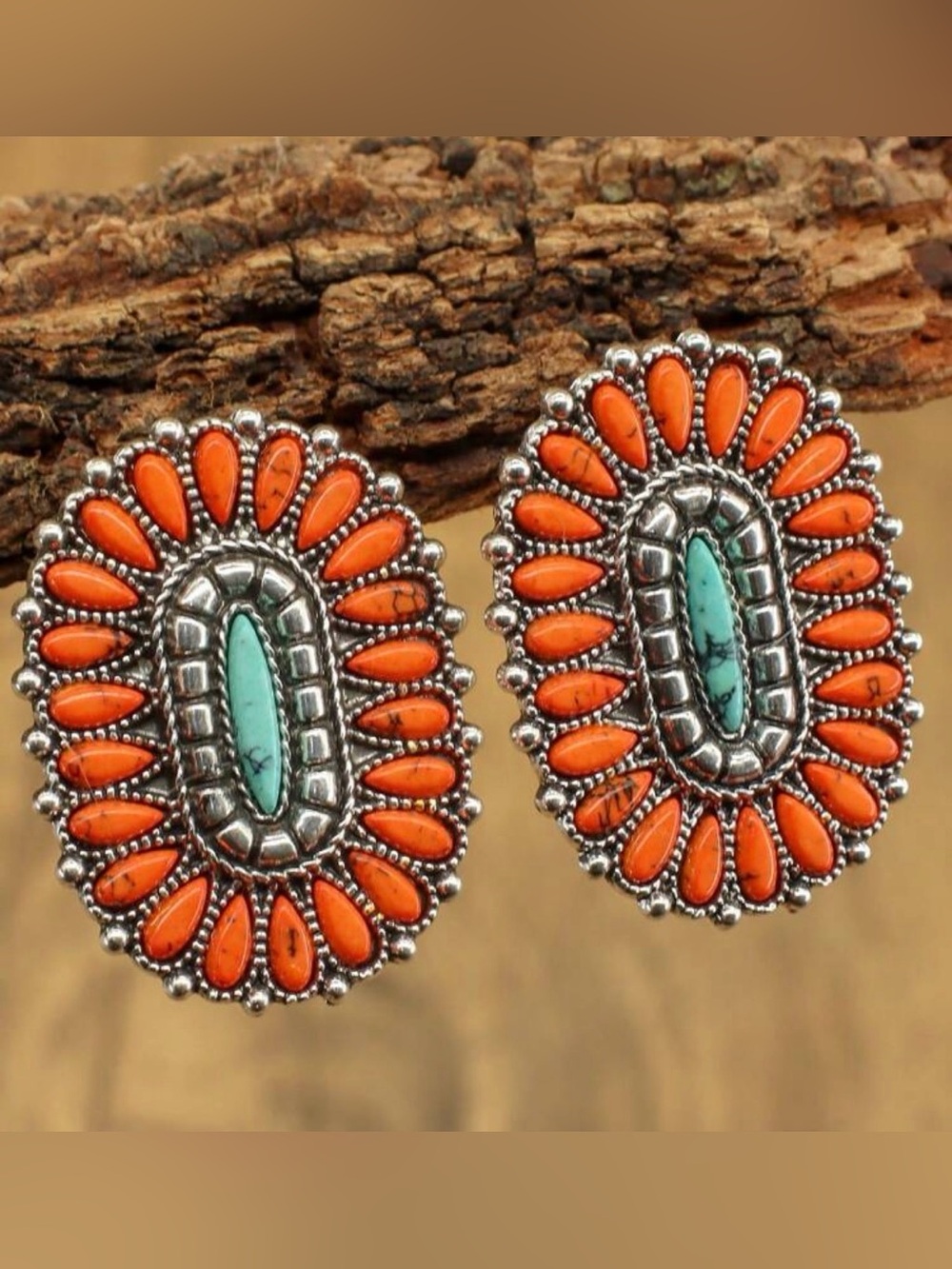 Western Earrings Turquoise & Orange Floral Oval Earrings - Women Jewelry